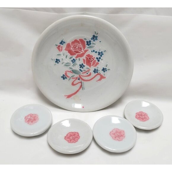 Vintage 1990s Miniature Dollhouse Porcelain 14 Piece Tea Set Pink Floral Design - Picture 3 of 8